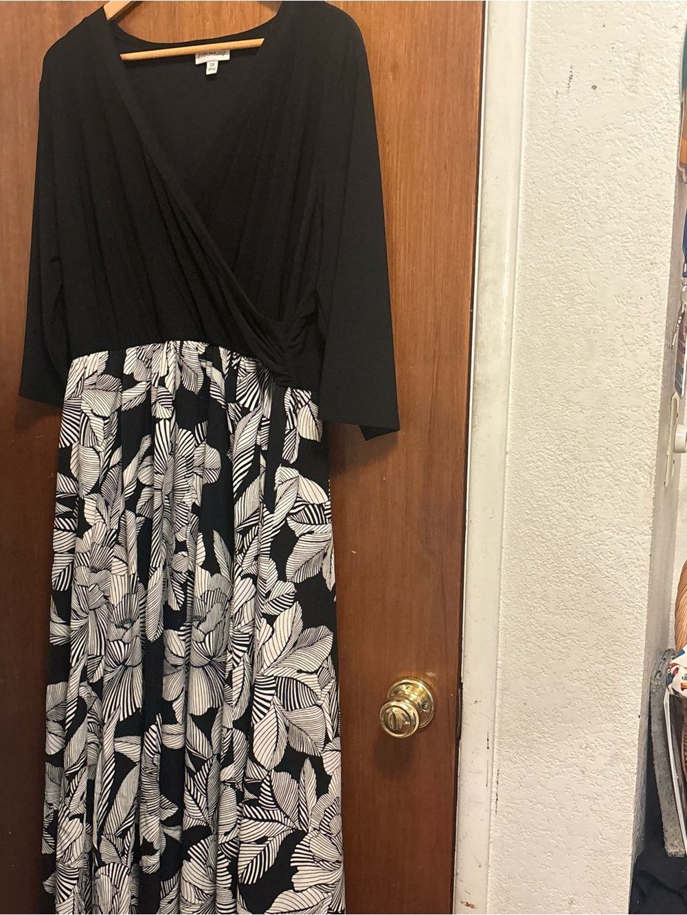 Black & White Leaf-Print Wrap Maxi Dress